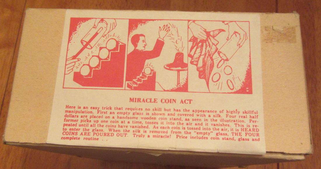 MAGIC - Miracle Coin Act by D. Robbins (vintage): HArd to find complete and unused. Many times the pieces are separated and used for other effects. Here is an easy trick that requires no skill, yet has the appearance of a highly skillful act. First a