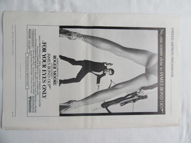 FOR YOUR EYES ONLY 1981 * ROGER MOORE JAMES BOND 007: PLEASE NOTE There is a condition issue. Please see photos. Seems someone has cut out a 2x2 inch square on one of the pages. For Your Eyes Only (United Artists, 1981). Pressbook (8 Pages, 11" x 17"). J