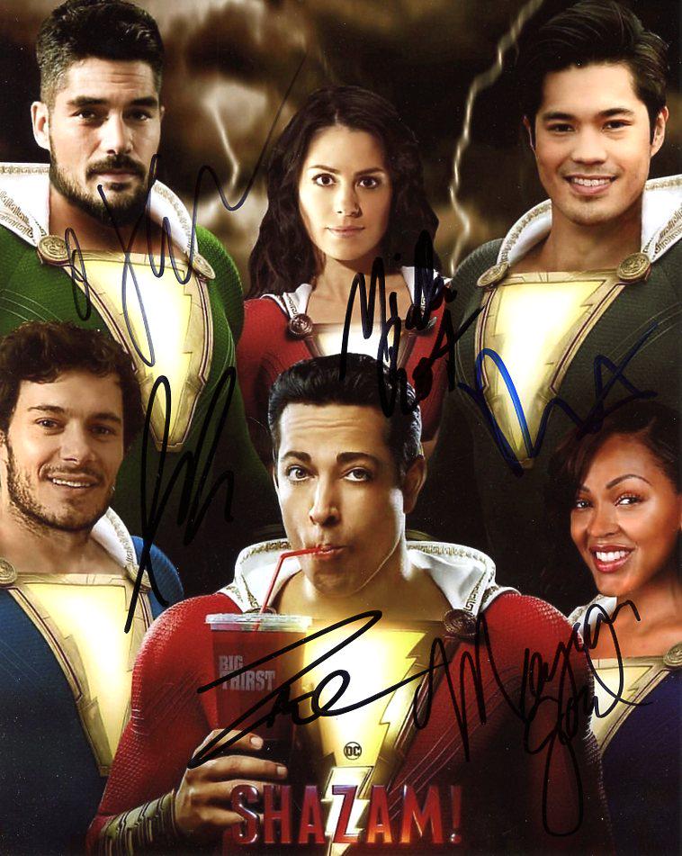 SHAZAM Heroes Cast In Person Signed Photo: This is a AMAZING in person signed photo of the kids are all grown up into the heroes. This is signed by Zachary Levi, Adam Brody, Meagan Good, Michelle Borth, Ross Butler and DJ Cotrona. AMAZING Sign