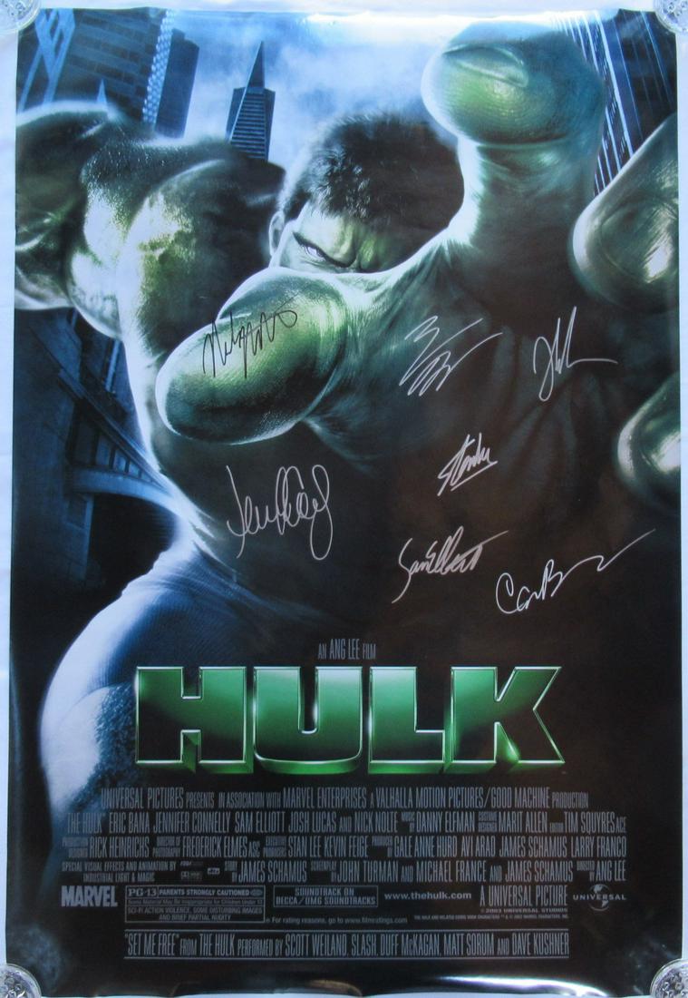 THE HULK Cast Signed Movie Poster: Poster size is 27x40. This is a double sided mvie poster. Amazing piece signed by the cast. Signatures on the poster are: Eric Bana, Jennifer Connelly, Sam Elliott, Josh Lucas, Nick Nolte, Cara Buono,