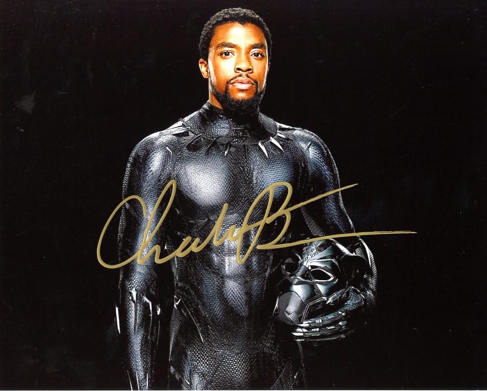 Chadwick Boseman BLACK PANTHER In Person Signed Photo: Chadwick Boseman in person signed autographed photo from the movie BLACK PANTHER. Chadwick Boseman as the character T'Challa Black Panther. Photo size is 8 x 10