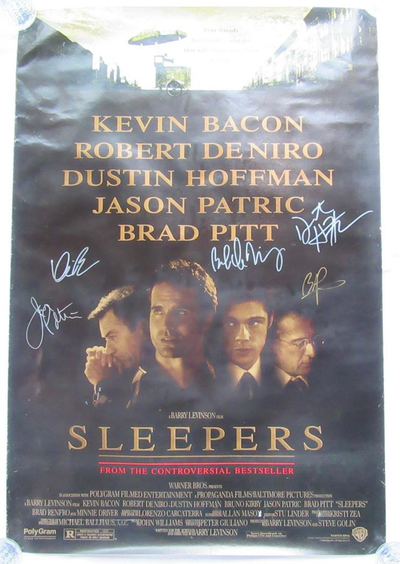 Sleepers Movie Poster Signed by 5: Fantastic Movie poster from the movie SLEEPERS. This is signed by Kevin Bacon, Jason Patric, Robert DeNiro, Dustin Hoffman, Brad Pitt. AMAZING piece. Poster size is 27x40. Glare is from lighting and c