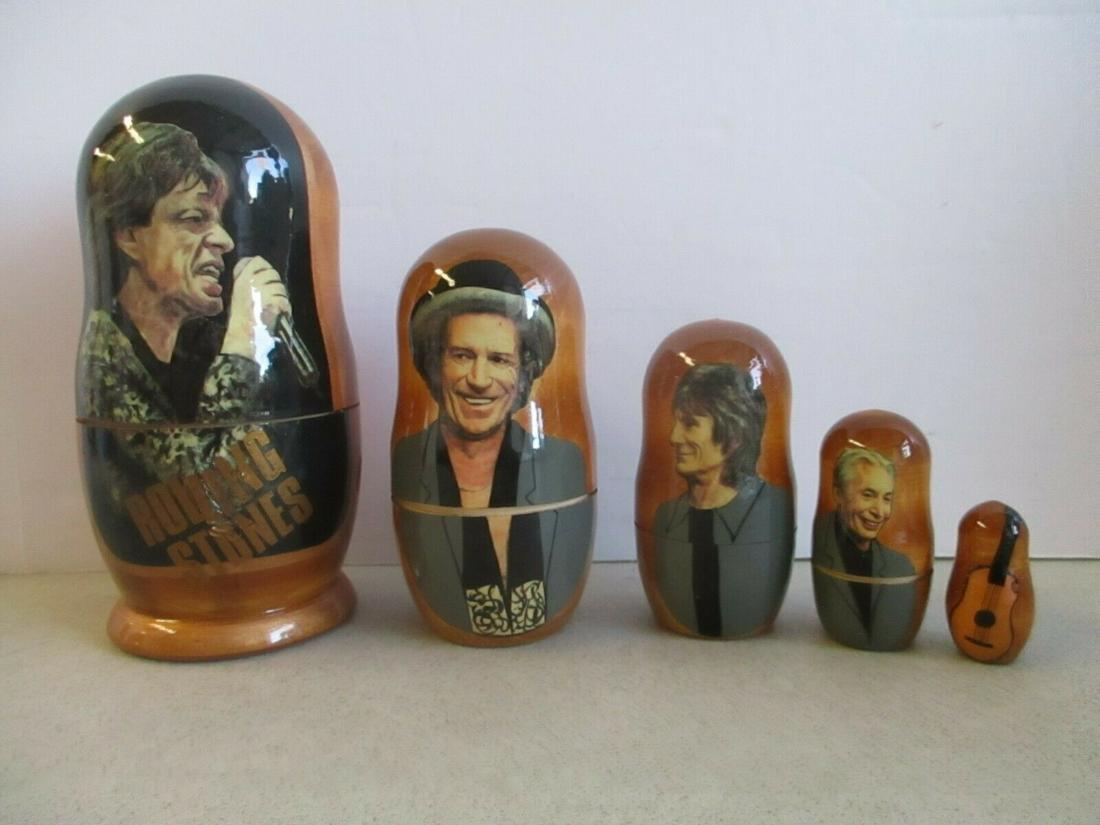 Rolling Stones Hand Painted Russian Nesting Doll Set: Listing is for a Rolling Stones hand painted Russian nesting doll set. Largest piece of set is 6.5". Does not come with original packaging, Set is in excellent condition.