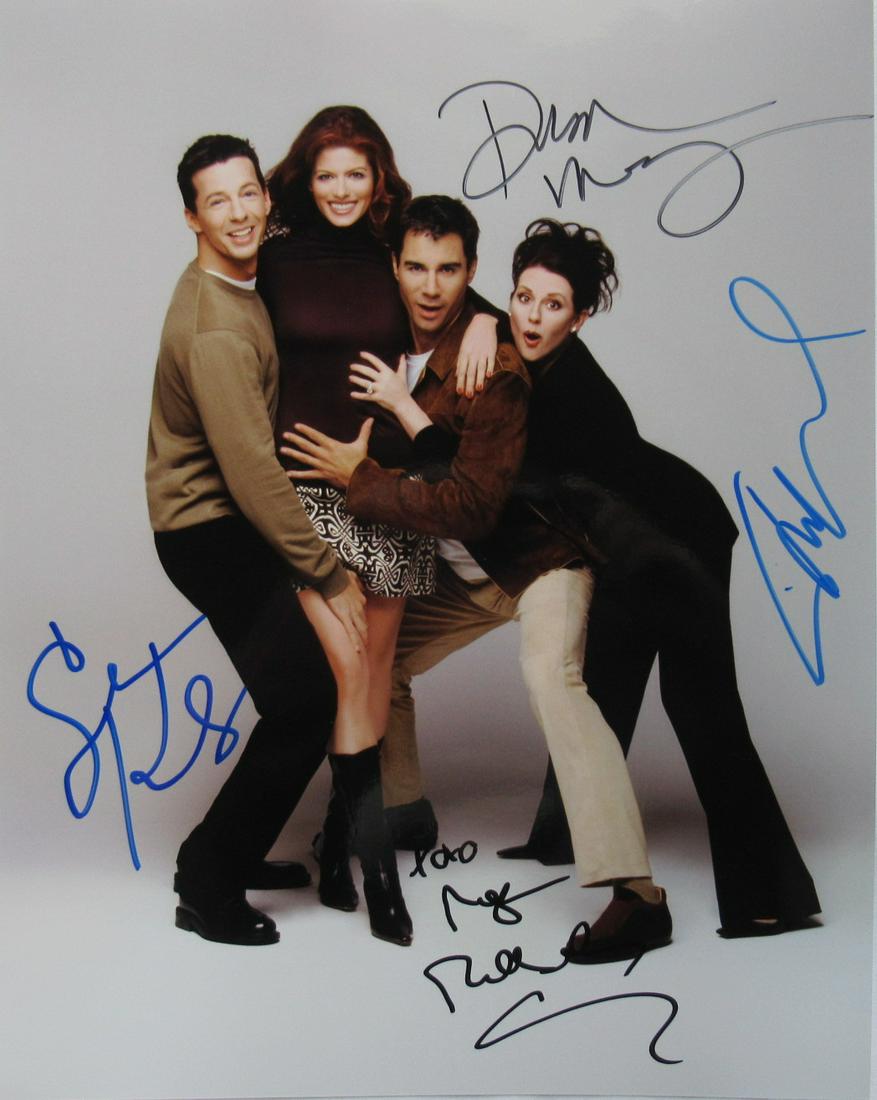 Will & Grace 11x14 Cast signed Photo: Fantastic photo signed by Debra Messing, Eric McCormack, Sean Hayes, and Megan Mullally from the TV series "Will & Grace". Photo size is 11 x 14