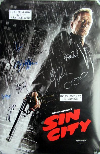 Sin City Cast Signed Poster: Poster size is 22x32. 11 signatures ! This poster is signed by bruce Willis, Elijah Wood, Marlee Shelton, Jessica Alba, Benicio Del Toro, Rosario Dawson, Carla Gugino, Alexis Bledel, Nick Stahl, Micha