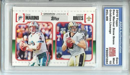 2010 Topps Dan Marino, Drew Brees Gridiron Card #GL-MB: 2010 Topps Dan Marino, Drew Brees Gridiron Lineage Card #GL-MB Gem Mint 10. Ed Bedrick Autographs is pleased to let you know that your item has an Independent Authentication and that the accompanying