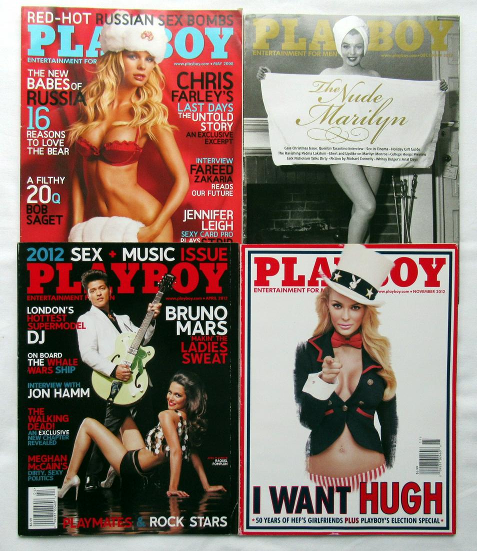 (4) Playboy Magazines Misc Years #1: You are getting 4 (unsigned) issues of Playboy Magazine. Issues: May 2008 (Babes of Russia), Dec 2012 Marilyn Munroe), April 2012 Playmates & Rock Stars), and Nov 2012 (50 Years of Hef's GF's)