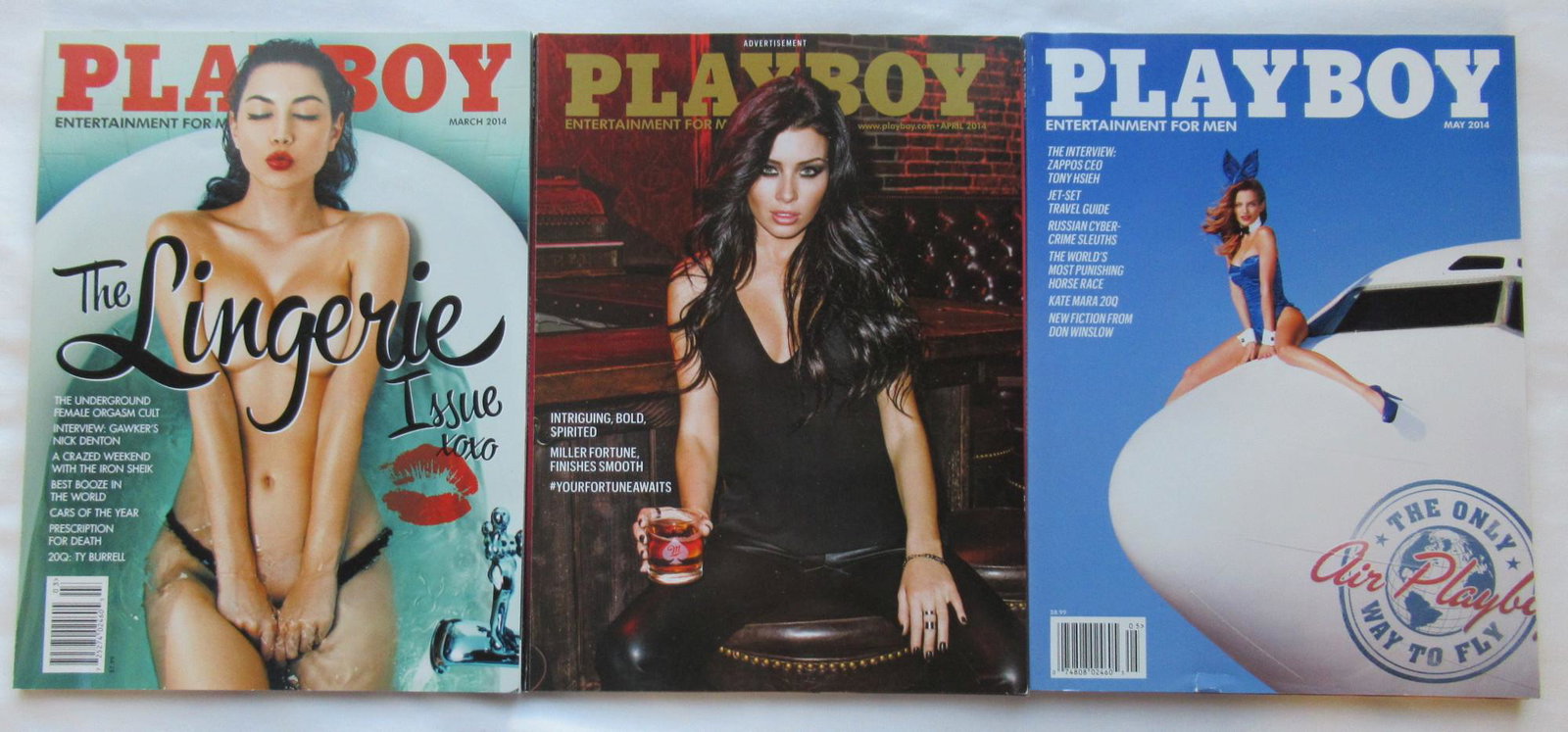 3 Issues of Playboy Magazine Unisgned: This lot is 3 issues of Playboy Magazine from the year April, May, March 2014. Issue April is a double cover still perfectly in tact. See photos.
