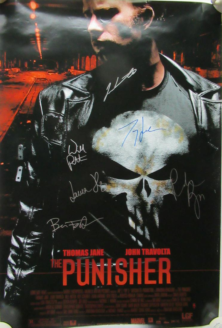 Punisher Cast Signed Movie Poster: This is signed by 6 people. Signed on the poster is Thomas Jane, Rebecca Romijn, John Travolta, Ben Foster, Laura Harring and Will Patton. Poster size I 27x40