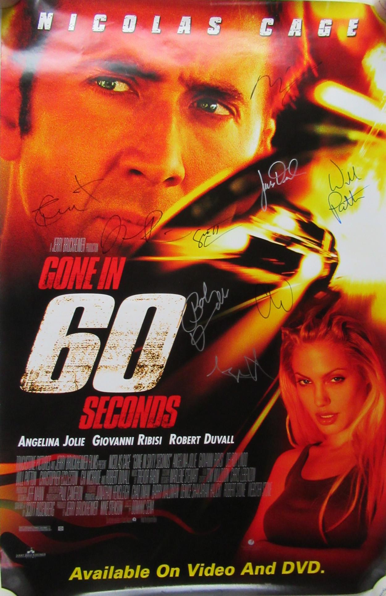 GONE IN 60 SECONDS Cast Signed Movie Poster: GONE IN 60 SECONDS cast signed movie poster by 8 people. This is signed by Nicholas Cage, Giovanni Ribisi, Angelina Jolie, Scott Caan, Robert Duvall, Will Patton, Timothy Olyphant and Christopher Eccl