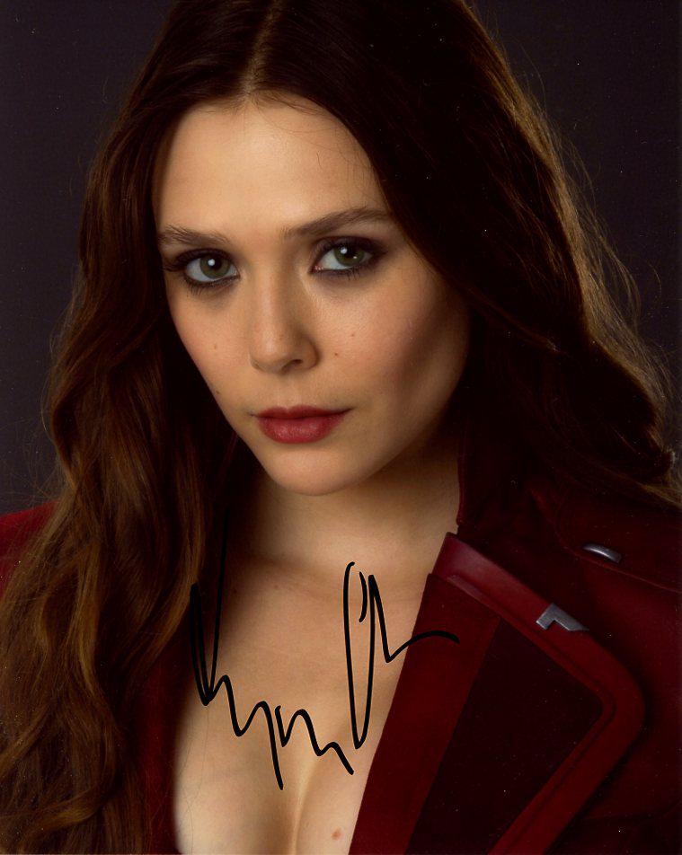 Elizabeth Olsen AVENGERS AGE OF ULTRON In Person Signed: Elizabeth Olsen in person signed autographed photo from the movie THE AVENGERS AGE OF ULTRON. Elizabeth Olsen as the character Wanda Maximoff / Scarlet Witch