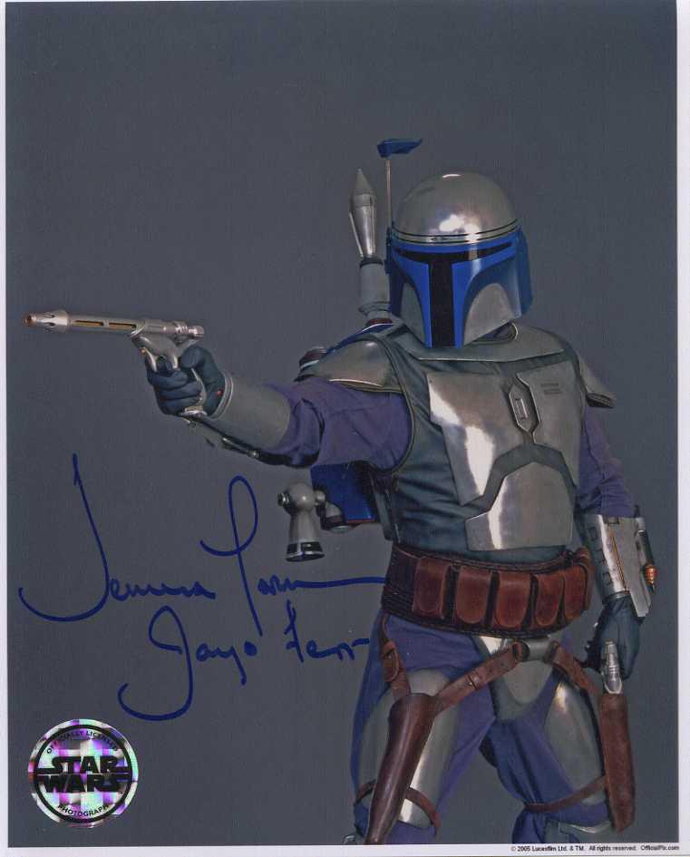 Temuera Morrison STAR WARS ATTACK / CLONES In Person: This was from a EB Autographs private signing. Fantastic in person signed photo as Jango Fett signed in silver. He has also added his character name.