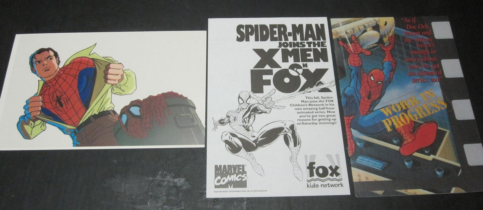 Amazing Spiderman Acetate Animation Cel: Marvel Comic Fans, this is a 6.5 by 10.25 inch cel that was a promotional advertisement for the Marvel animated series cartoons on the Fox Kids Television Network. This cel is in great condition and i