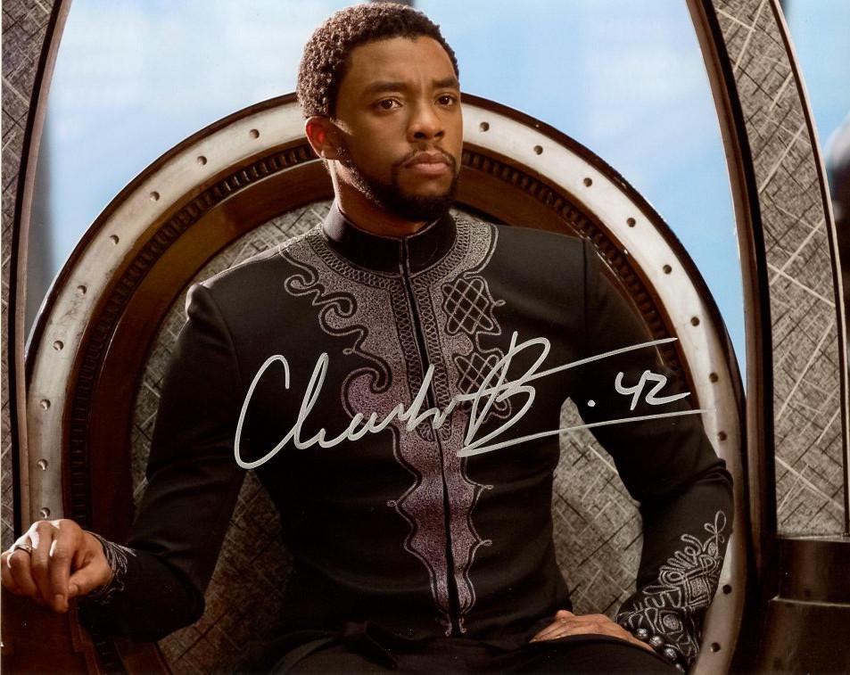 Chadwick Boseman BLACK PANTHER In Person Signed Photo: Photo size is 8 x 10. Chadwick Boseman in person signed autographed photo from the movie BLACK PANTHER. Chadwick Boseman as the character T'Challa / Black Panther