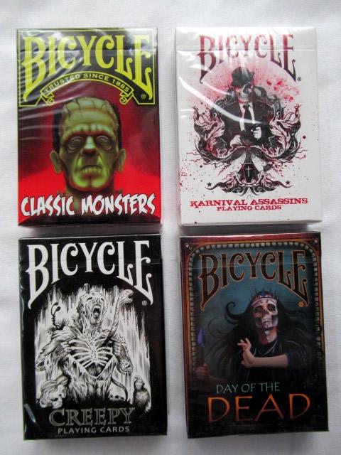 4 Bicycle Decks of Cards DISCONTINUED: ** All 4 of these decks are disctotinued. All decks NEW SEALED ** Monster Themed Playing Cards ..Made by the Bicycle Playing Card Company you are getting : Classci Monsters, Karnival Assassins, Creepy