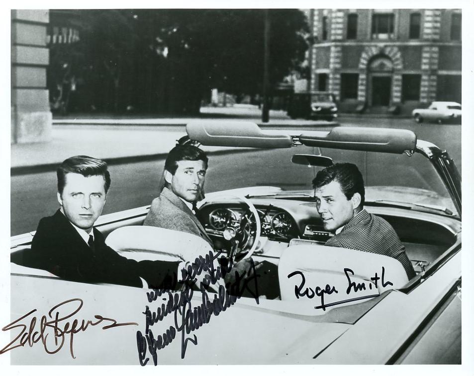 Byrnes / Smith / Zimbalist Jr. 77 SUNSET STRIP Signed: 77 Sunset Strip - (TV Series 1958-1964) 8x10 b/w shot of the boys in the convertible, signed by Edd 'Kookie' Byrnes, Roger Smith (1932-2017) and Efrem Zimbalist Jr. (1918-2014), obtained 18 October 20