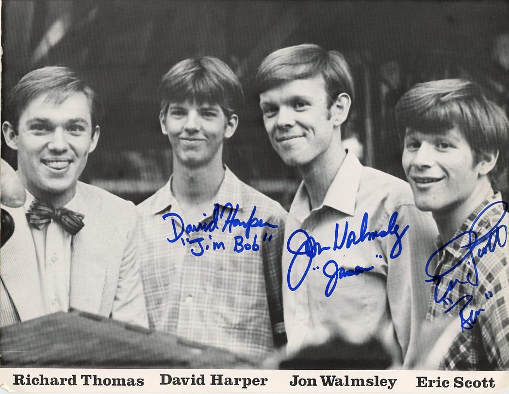 Harper / Walmsley / Scott WALTONS In Person Signed: PLEASE NOTE: Photo size is 8.5 x 11. David Harper/ Jon Walmsley / Eric Scott in person signed autographed photo from the TV series THE WALTONS. Richard Thomas is pictured but not signed.