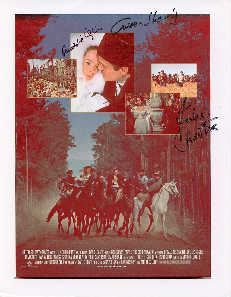 O.Shariff, J.Christie, G.Chaplin DR ZHIVAGO Signed: Size of this item is 8.5 x 11. Dr. Zhivago, 8.5x11 colour movie poster reproduction jointly signed by Julie Christie, Geraldine Chaplin and Omar Shariff