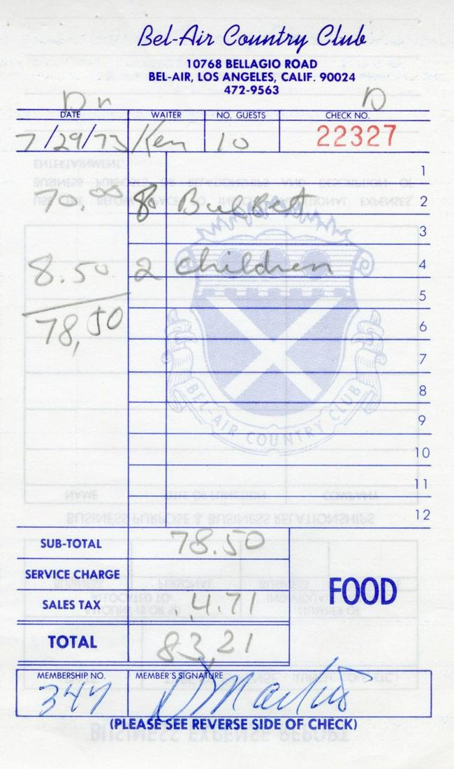 Dean Martin SINGER Amazing Signed Receipt: Dean Martin - (1917-1995) Actor and singer. He was a member of the famed 'Rat Pack' and made many films with Jerry Lewis. This lot is a signed receipt from the 'Bel Air Cou