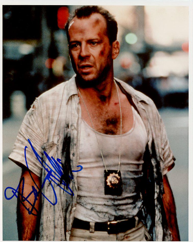 Bruce Willis DIEHARD In Person Signed Photo: Photo size is 8x10. NO LONGER SIGNS! Bruce Willis in Person Signed Photo from the Movie DIEHARD. Bruce Willis as the character John McLaine.