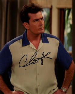 Charlie Sheen Two and a HALF MEN In Person Signed Photo: Photo size is 8x10. Charlie Sheen in person signed photo from the TV series TWO AND A HALF MEN. Charlie Sheen as the character Charlie Harper.