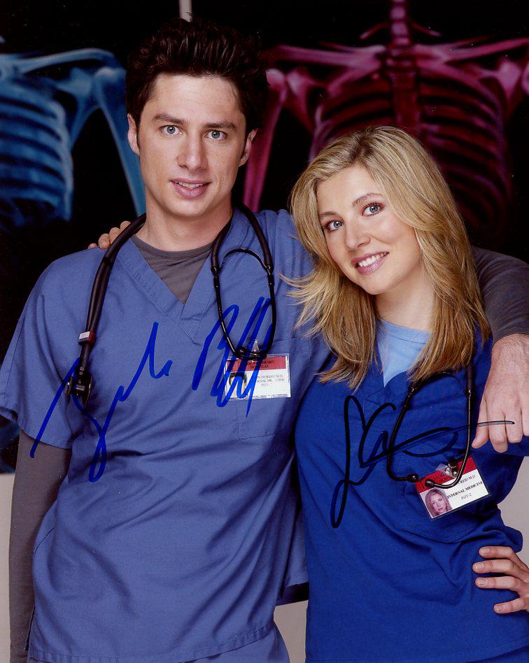 Zach Braff / Sarsh Chalke SCRUBS In Person Signed Photo: Photo size is 8x10. Zach Braff / Sarsh Chalke in person signed photo from the TV series SCRUBS. Zach Braff as the character Dr John "JD" Dorian. Sarah Chalke as the character Dr. Elliot Reid.
