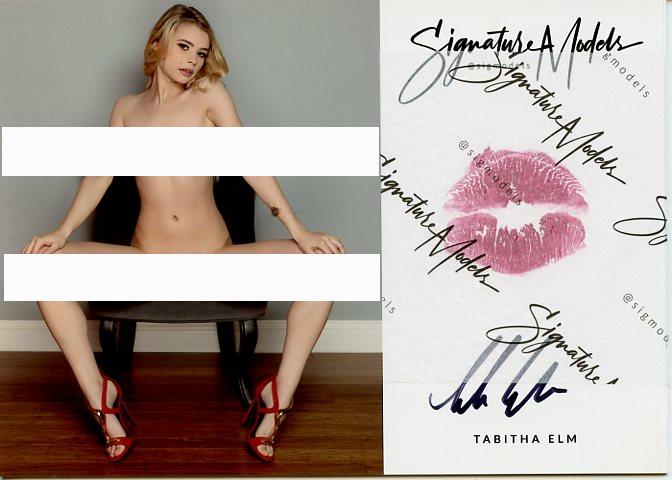 Tabatha Elm NUDE PLAYBOY In Person Signed KISS Card: Photo Size is 5x7. PRIVATE SIGNING. Tabatha Elm Playboy Cyber Girl in person signed sexy nude portrait. She has also added a lip print. This was signed at an exclusive signing and photo shoot done on