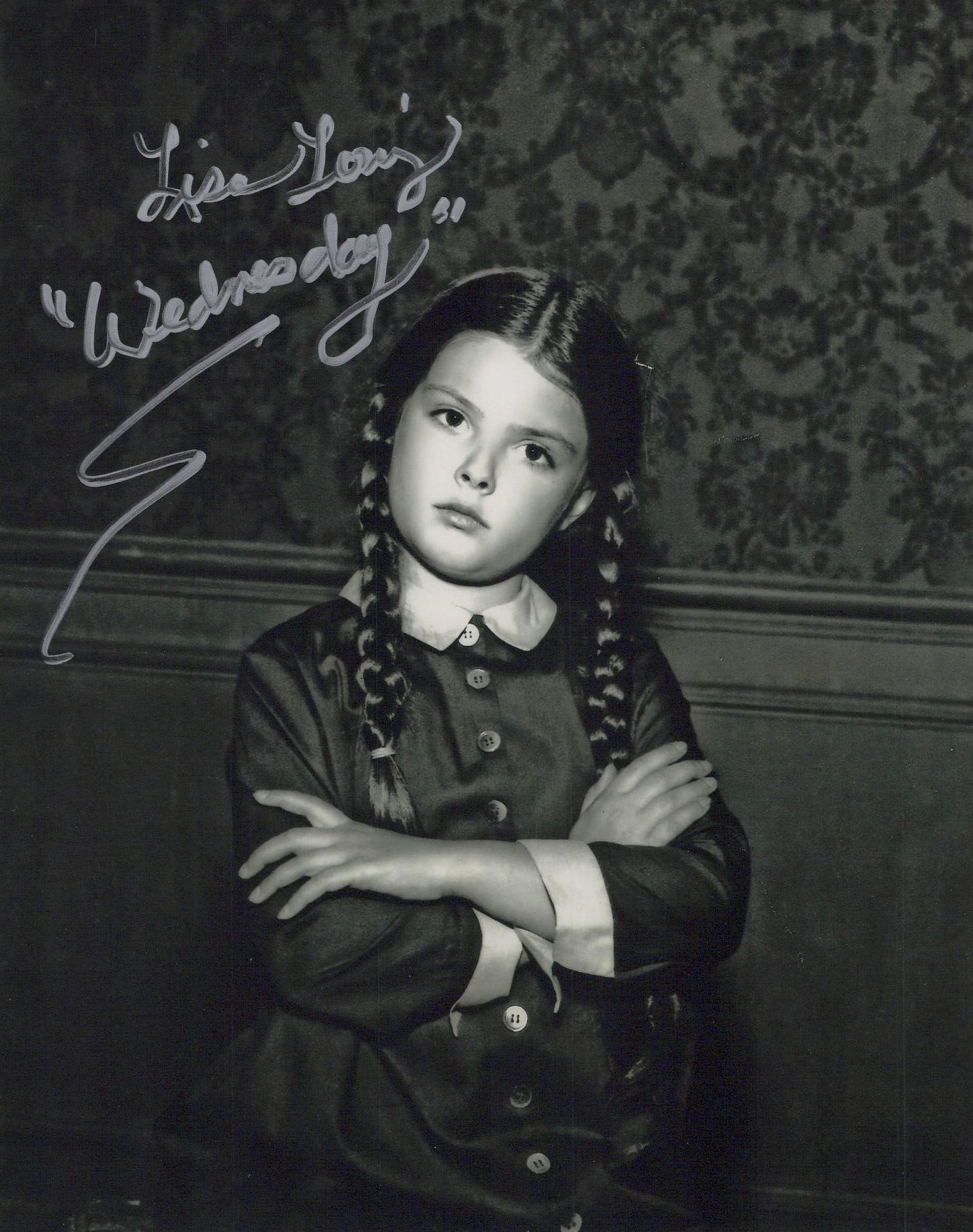 Lisa Loring (1958-2023) ADDAMS FAMILY In Person Signed Photo: Photo size is 8x10. Lisa Loring (1958-2023) in person signed photo from the TV series THE ADDAMS FAMILY. Lisa Loring as the character Wednesday Addams.