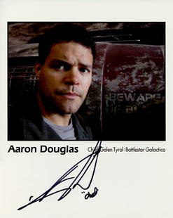 Aaron Douglas BATTLESTAR GALACTICA In Person Sign Photo: Photo size is 8x10. Arron Douglas in person signed photo from the TV series BATTLESTAR GALACTICA. Arron Douglas as the character Chief Galen Tyrol.