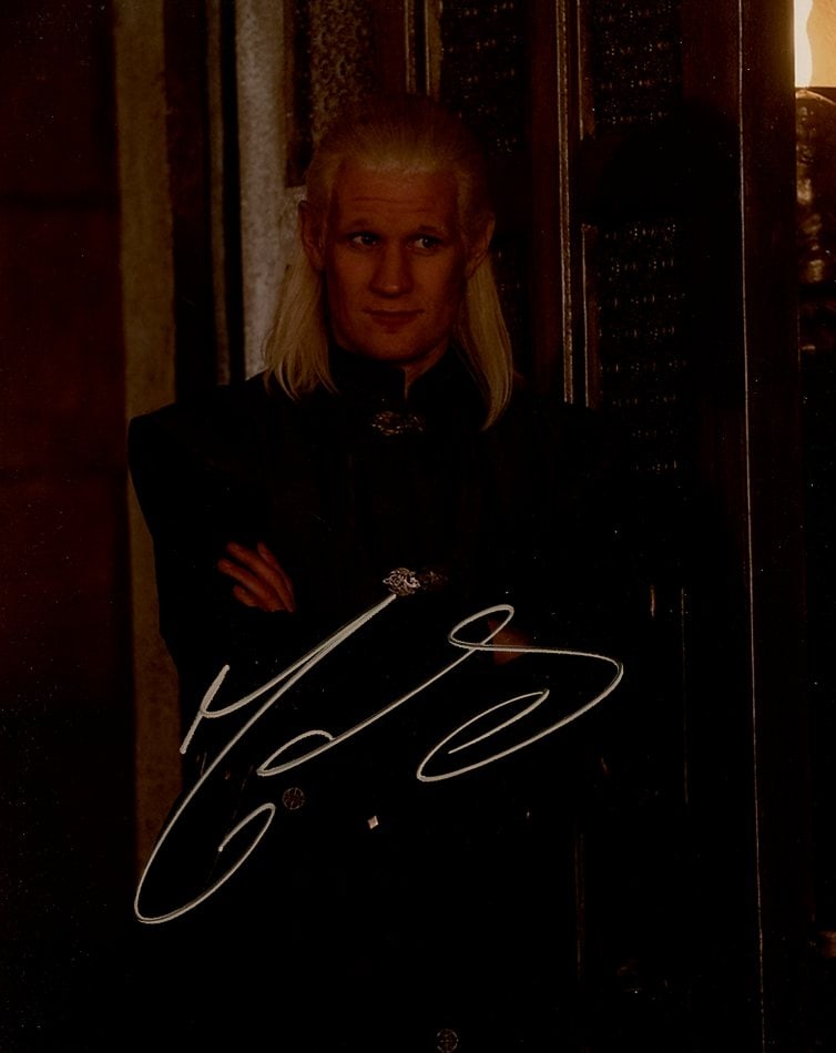 Matt Smith HOUSE OF THE DRAGON In Person Signed Photo: Photo size is 8x10. Matt Smith in person signed photo from the TV series HOUSE OF THE DRAGON. Matt Smith as the character Prince Daemon Targaryen.
