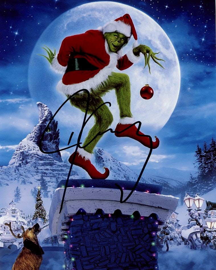 Jim Carrey THE GRINCH In Person Signed Photo: Photo size is 8x10. Jim Carrey in person signed photo from the movie HOW THE GRINCH STOLE CHRISTMAS. Jim Carrey as the character THE GRINCH.