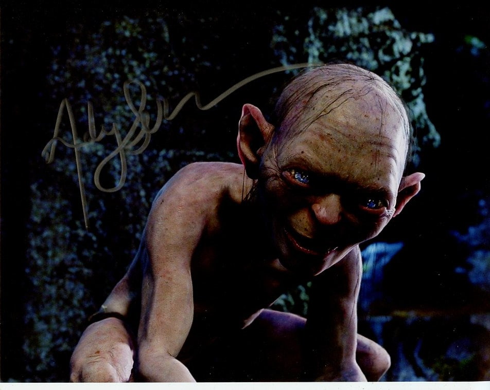 Andy Serkis LORD OF THE RINGS In Person Signed Photo: Photo size is 8x10. Andy Serkis in person signed photo from the movie LORD OF THE RINGS. Andy Serkis as the character Gollum.