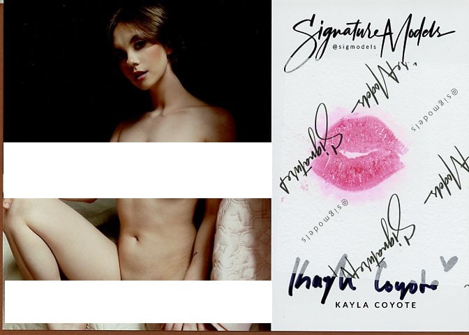 Kayla Coyote PLAYBOY KISS CARD In Person Signed Photo: Photo size is 5x7. PRIVATE SIGNING. Kayla Coyote in person signed sexy nude portrait. She has added a lip rent. This item was signed at an exclusive signing in photo shoot on May 18, 2023.