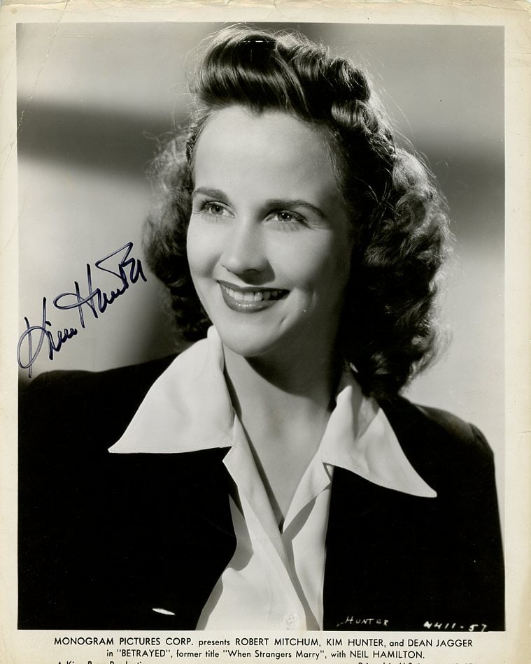 Kim Hunter (1922-2002) BETRAYED / PLANET OF APES Signed Photo: Photo size is 8x10. Kim Hunter (1922-2002) in person signed photo from the movie BETRAYED. Kim Hunter as the character Mildred Baxter. Kim Hunter is also best known for her role in the PLANET OF THE A