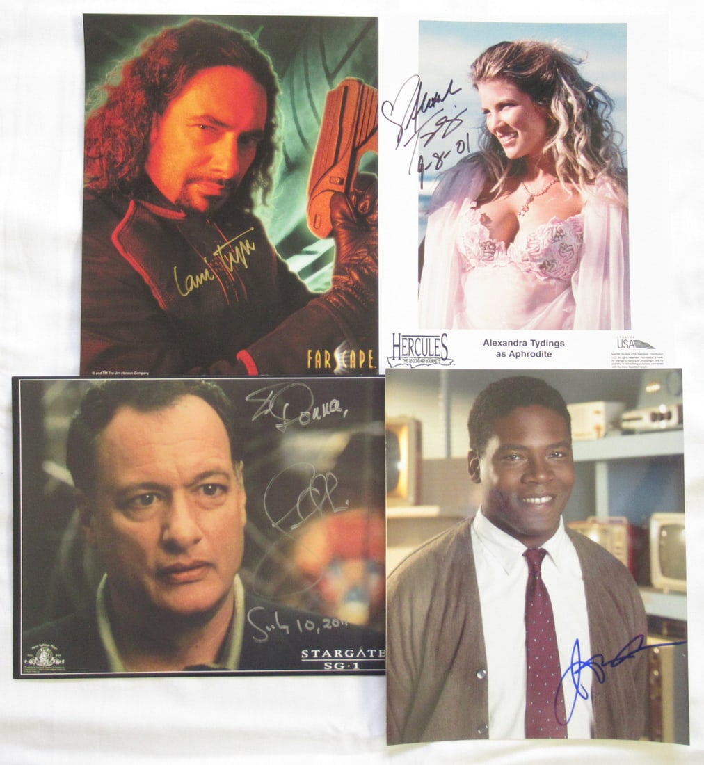 4 (8x10) Assorted Photo Lot #1: Photo size is 8x10. All photos are 8x10. In this lot you are getting Lani Tupu (Farscape), John DeLancey (STARGATE SG-1) *inscribed, Alexandra Tidings (Hercules signed and dated), Jonathan Adams ( Ame