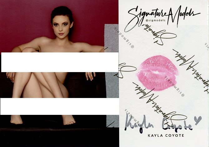 Kayla Coyote PLAYBOY KISS CARD In Person Signed Photo: Photo size is 5x7. PRIVATE SIGNING. Kayla Coyote in person signed photo and kiss card. Playboy Cybergirl. 5x7 Color In Person signed very sexy portrait. She added a lip print. This item was signed at 