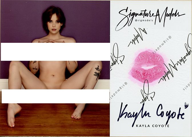 Kayla Coyote PLAYBOY KISS CARD In Person Signed Photo: Photo size is 5x7. PRIVATE SIGNING. Kayla Coyote in person signed photo and kiss card. Playboy Cybergirl. 5x7 Color In Person signed very sexy portrait. She added a lip print. This item was signed at 
