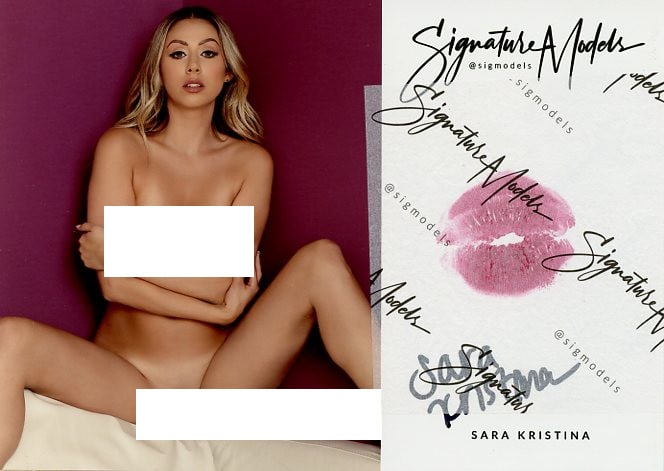Sara Kristina PLAYBOY KISS CARD In Person Signed Photo: Photo size is 5x7. PRIVATE SIGNING. Sara Kristina in person signed photo and kiss card. Playboy Cybergirl. 5x7 Color In Person signed very sexy NUDE portrait. She added a lip print. This item was sign