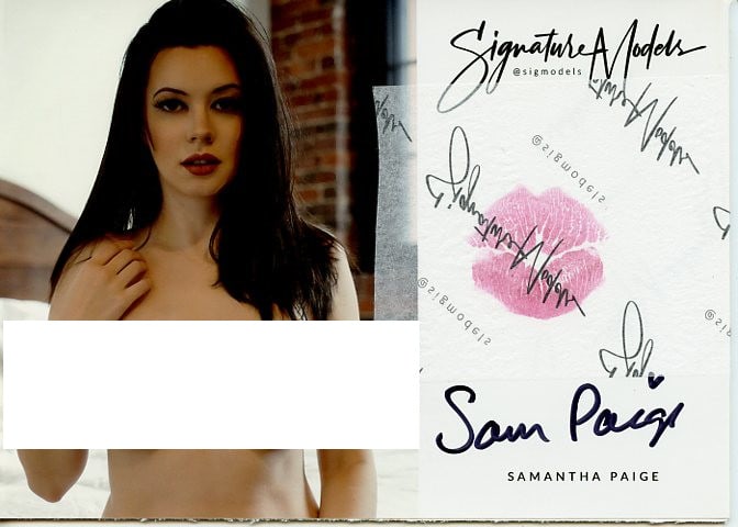 Samantha Paige SIGNATURE MODEL In Person Signed KISS CARD: Photo size is 5x7. PRIVATE SIGNING. Samantha Paige in person signed photo and kiss card. Smantha Paige is a popular signature model. 5x7 Color In Person signed very sexy portrait. She added a lip prin