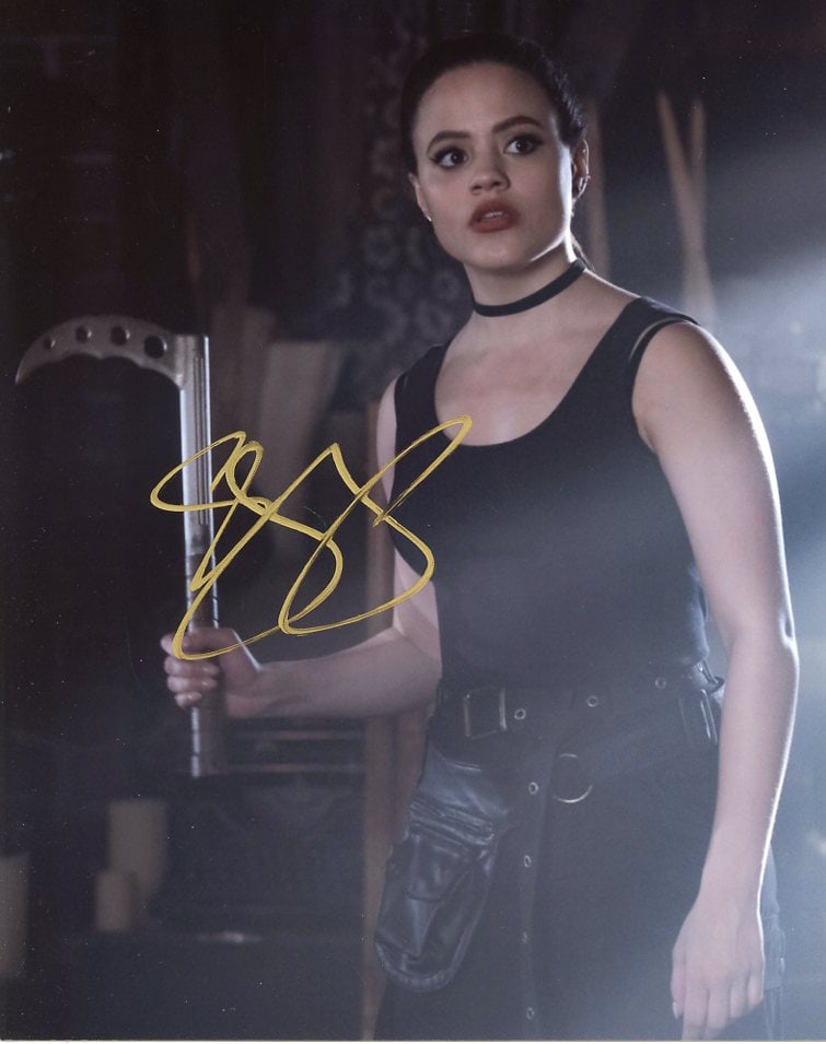 Sarah Jeffrey CHARMED In Person Signed Photo: Photo size is 8x10. Sarah Jeffrey in person signed autographed photo from the TV series CHARMED. Sarah Jeffrey as the character Maggie Vera