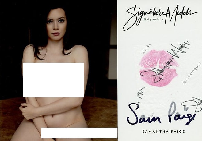 Samantha Paige SIGNATURE MODEL In Person Signed KISS CARD: Photo size is 5x7. PRIVATE SIGNING. Samantha Paige in person signed photo and kiss card. Smantha Paige is a popular signature model. 5x7 Color In Person signed very sexy portrait. She added a lip prin