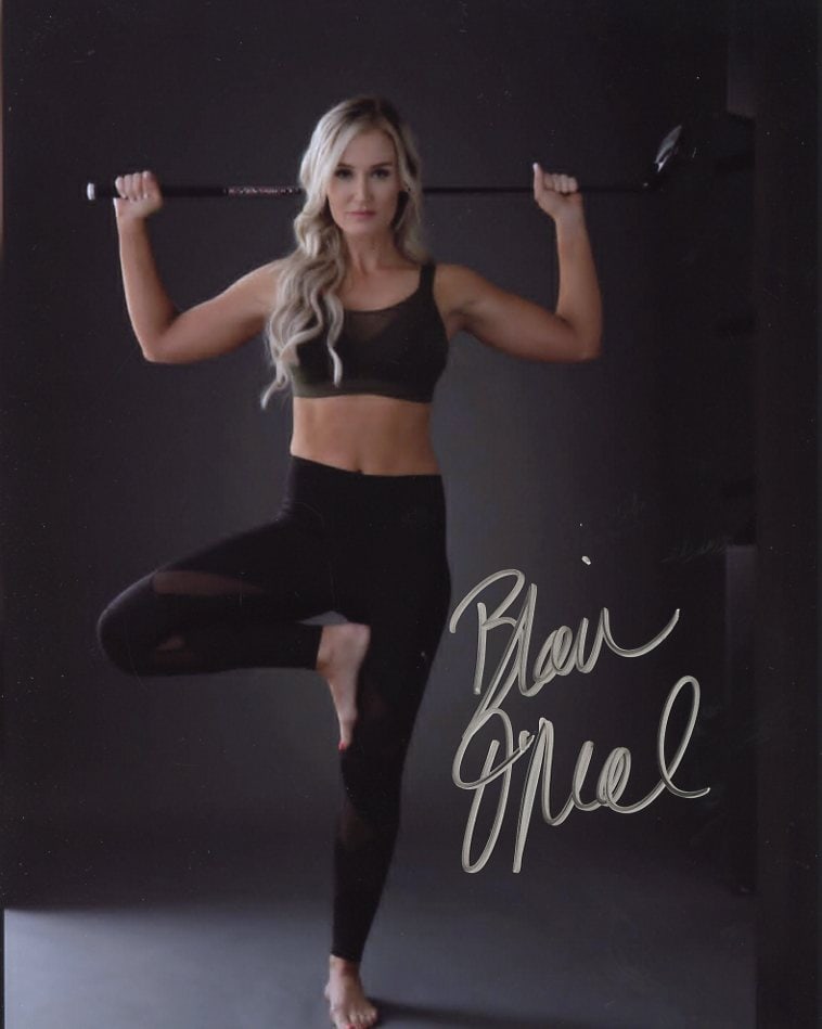 Blair O'Neal Golfer In Person Signed Photo: Photo size is 8x10. Blair O'Neal in person signed autographed photo. Blair O’Neal was born on the 14th May 1981 in Macomb, Illinois USA, so is 37 years-old and a professional golfer, television pers
