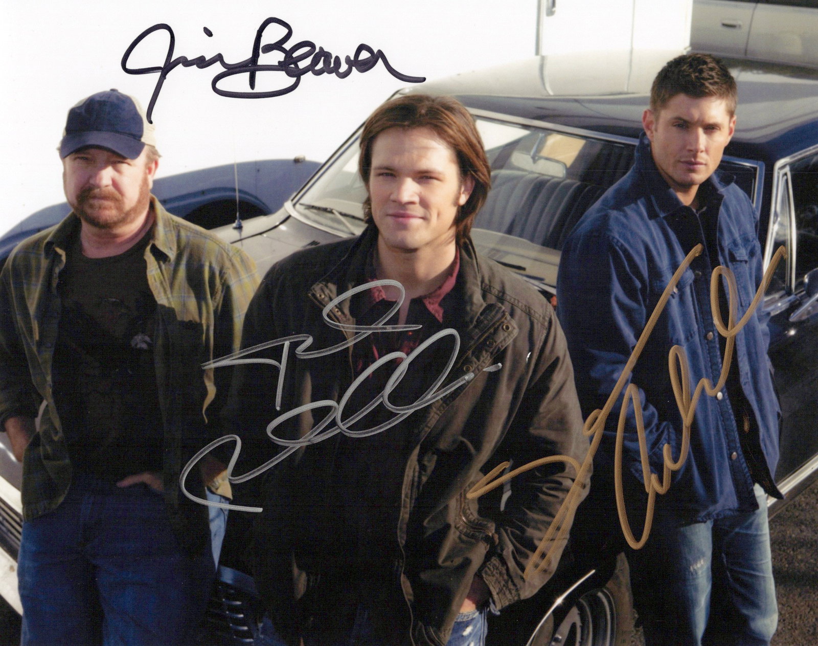 Padalecki / Ackles / Beaver SUPERNATURAL In Person Signed Photo: Photo size is 8x10. Jared Padalecki / Jensen Ackles / Jim Beaver in person signed photo from the TV series SUPERNATURAL. Jared Padalecki as the character Sam Winchester. Jensen Ackles as the character