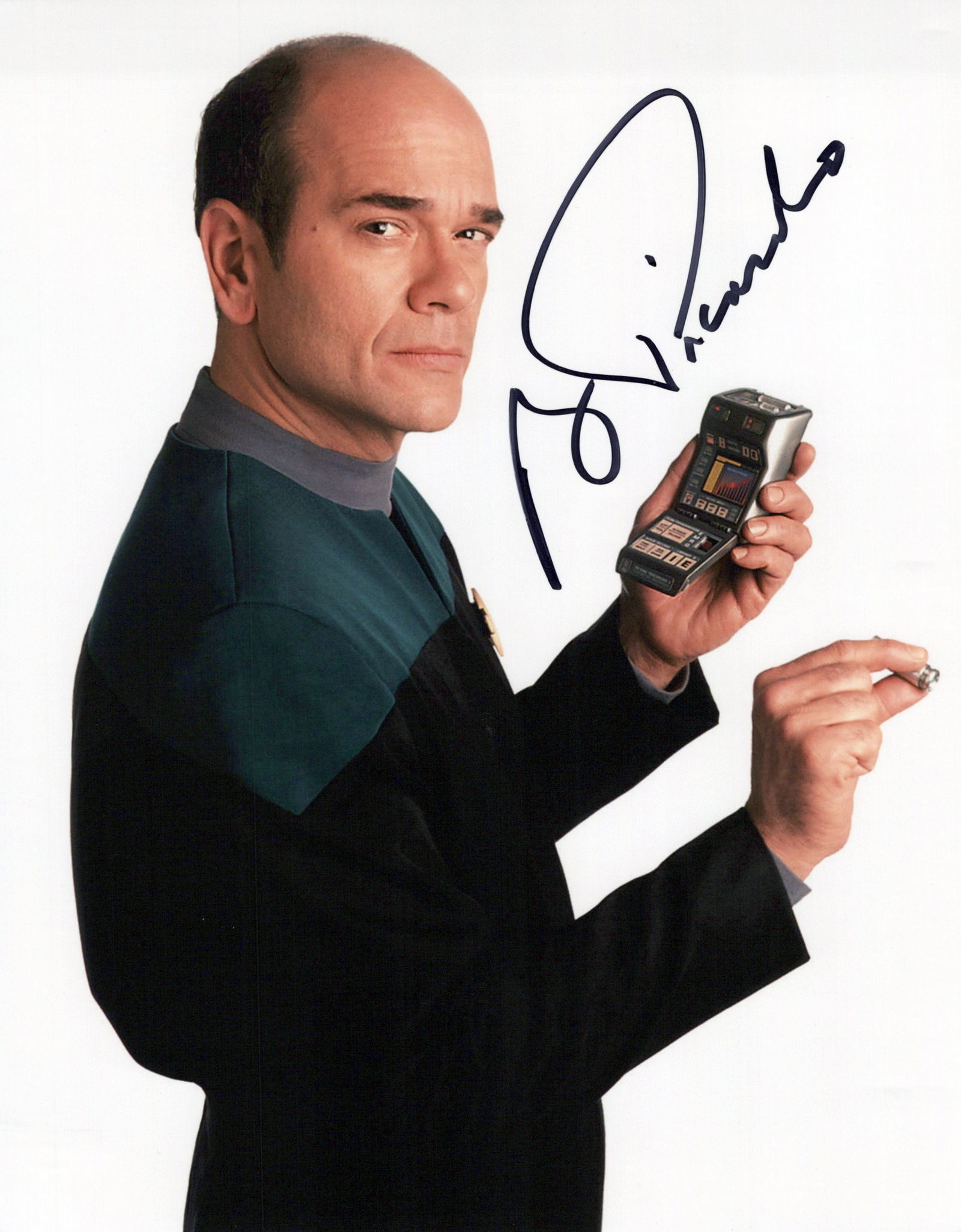 Robert Picardo STAR TREK VOYAGER In Person Signed Photo: Photo size is 8x10. Robert Picardo in person signed photo from the TV series STAR TREK VOYAGER. Robert Picardo as the character The Doctor / Dr. Lewis Zimmerman.