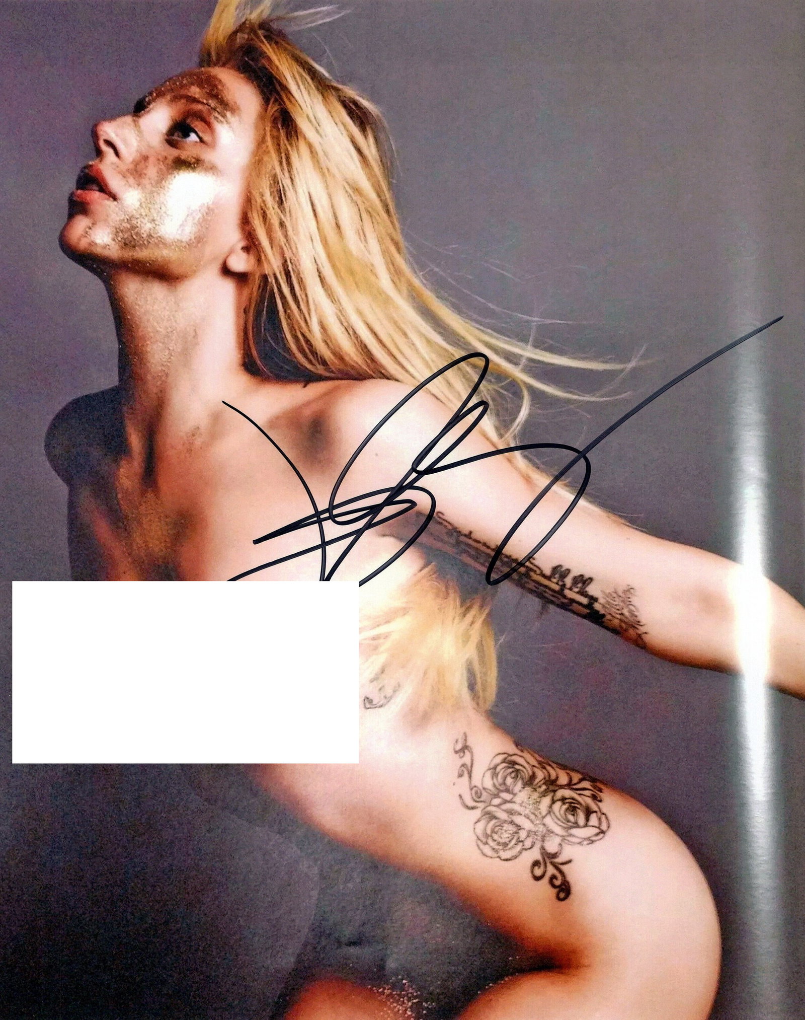 Lady Gaga POP SUPERSTAR In Person Signed Photo: Photo Size is 8x10. PLEASE NOTE: THIS IS HOW THE PHOTO LOOKS. THERE IS NO CAMERA / LIGHT GLARE. THIS WAS GAGA'S ARTISY WAY OF DOING THE PHOTO. Lady Gaga in person signed autographed photo. Stefani Joa