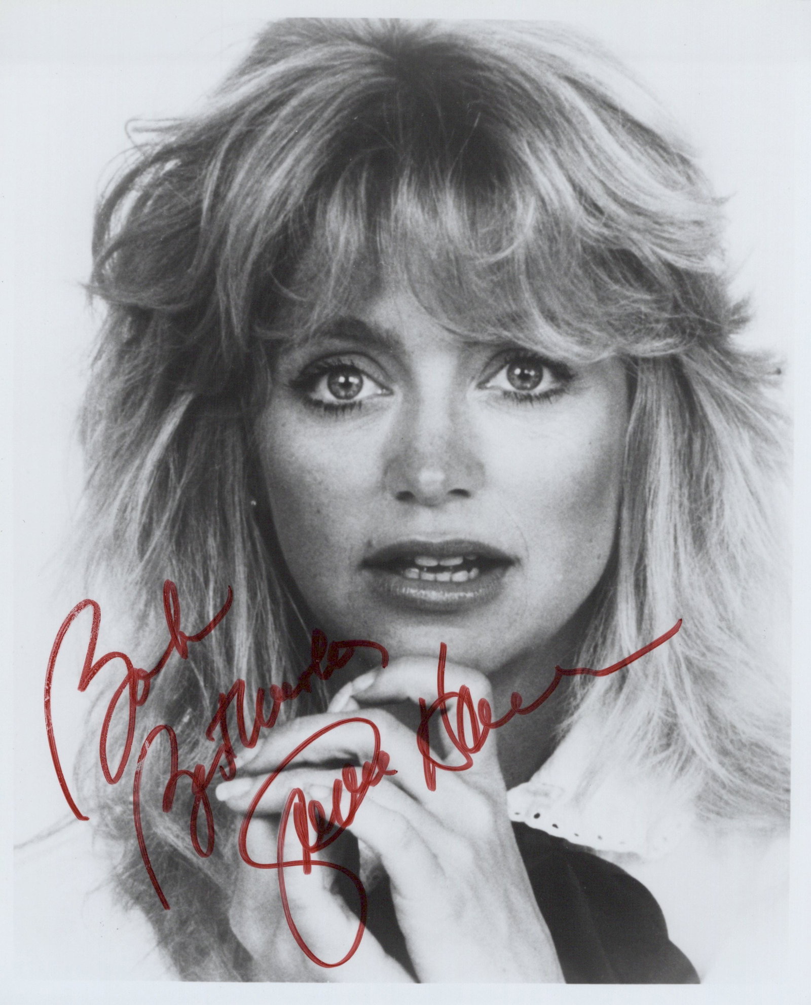 Goldie Hawn LAUGH IN / OVERBOARD In Person Signed Photo: Photo size is 8x10. Goldie Hawn in person signed photo. Goldie Hawn has done such TV and movies as OVERBOARD, LAUGH IN, and PRIVATE BENJAMIN. IMPERFECTIONS: inscribed to Bob