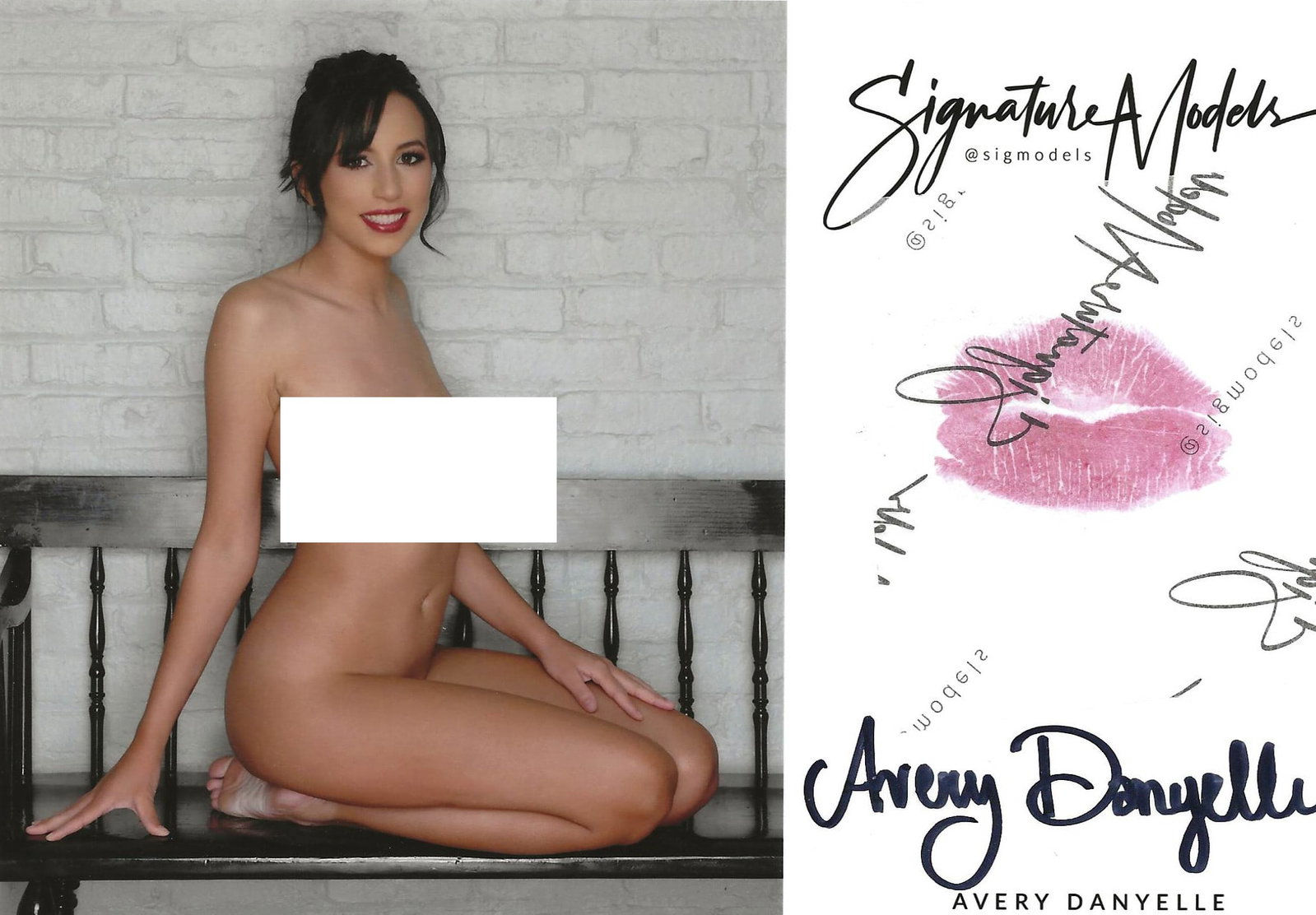 Avery Danyelle LIP PRINT KISS CARD In Person Signed Photo: Photo size is 5x7. PRIVATE SIGNING. Avery Danyelle in person signed photo and kiss card. Signature Model. 5x7 Color In Person signed very sexy portrait. She added a lip print. This item was signed at 
