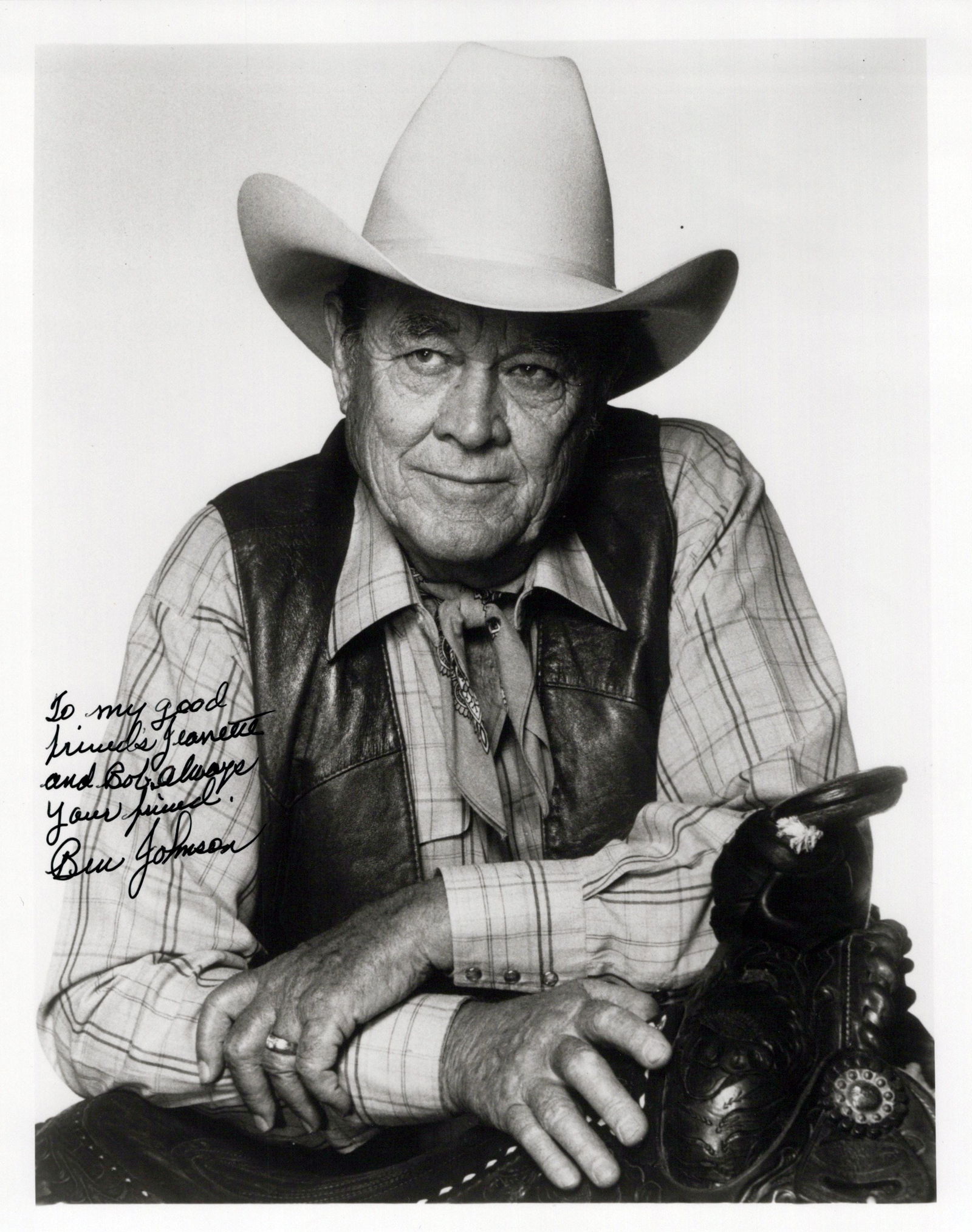 Ben Johnson (1918-1996) AMERICAN FILM ACTOR WESTERN Signed Photo: Photo size is 8x10. Ben Johnson (1918-1996) signed photo. Ben Johnson has done such movies as RIO GRANDE, THE WILD BUNCH, SHE WORE A YELLOW RIBBON. He has also written on the photo setting a new world
