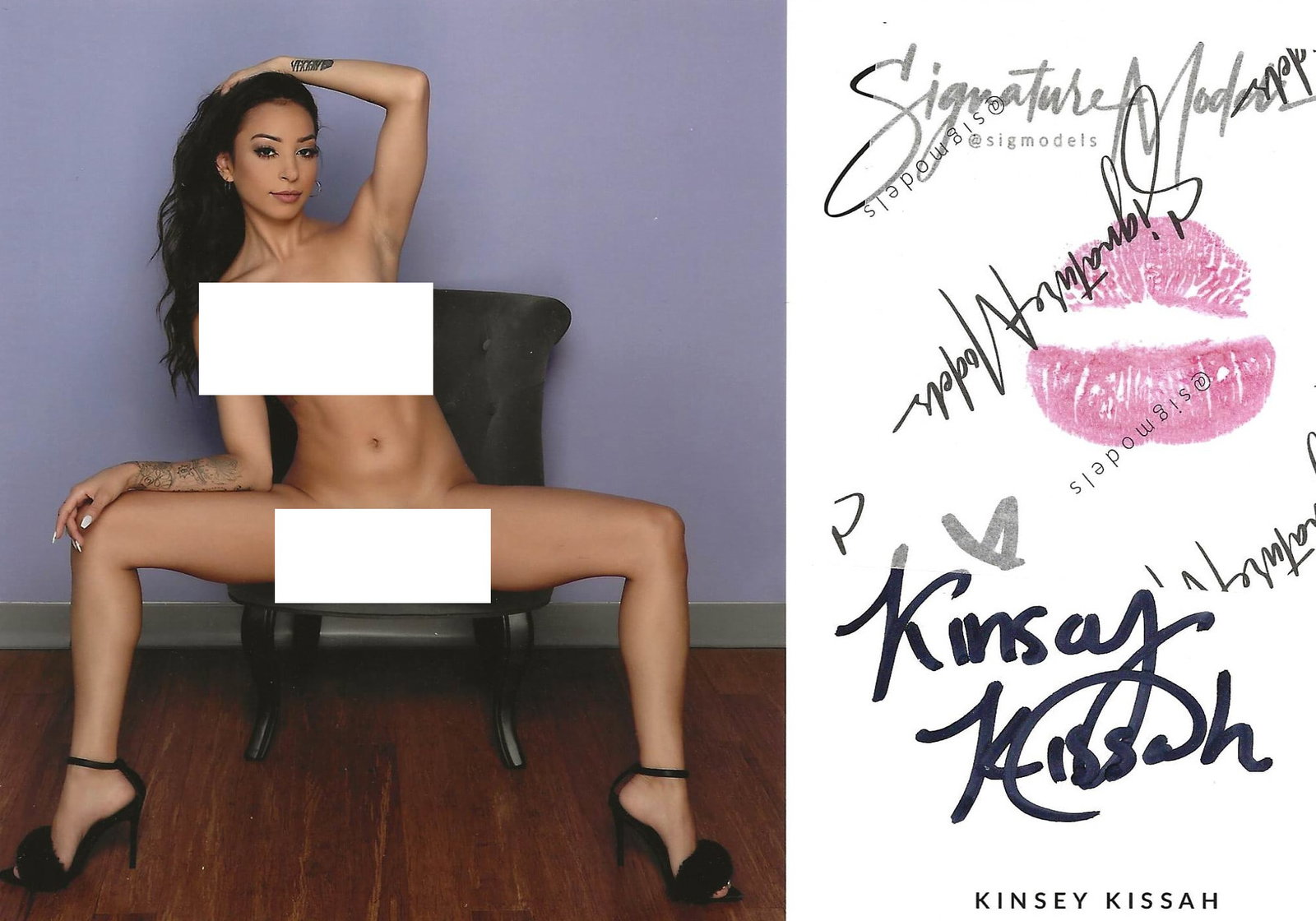Kinsey Kissah PLAYBOY KISS CARD In Person Signed Photo: Photo size is 5x7. PRIVATE SIGNING. Kinsey Kissah playboy in person signed photo and kiss card. Playboy Model. 5x7 Color In Person signed very sexy NUDE portrait. She added a lip print. This item was 