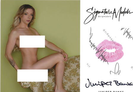 Juniper Banks PRINT KISS CARD In Person Signed Photo: Photo size is 5x7. PRIVATE SIGNING. Juniper Banks in person signed photo and kiss card. Signature Model. 5x7 Color In Person signed very sexy portrait. She added a lip print. This item was signed at a